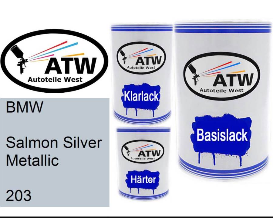 BMW, Salmon Silver Metallic, 203: 500ml Lackdose + 500ml Klarlack + 250ml Härter - Set, von ATW Autoteile West.